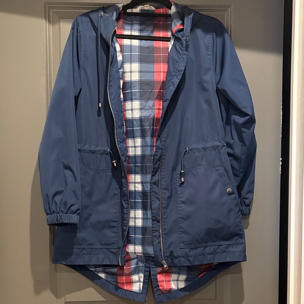 Time and Tru Navy Plaid Hooded Rain Jacket